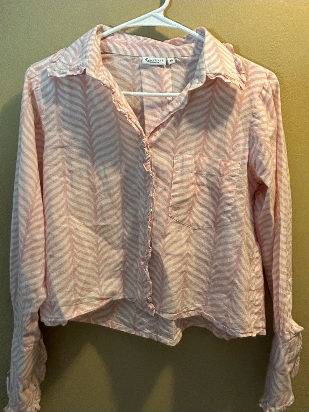 Casual Pink Leaf-Print Button-Down Shirt by Chakeris Charleston